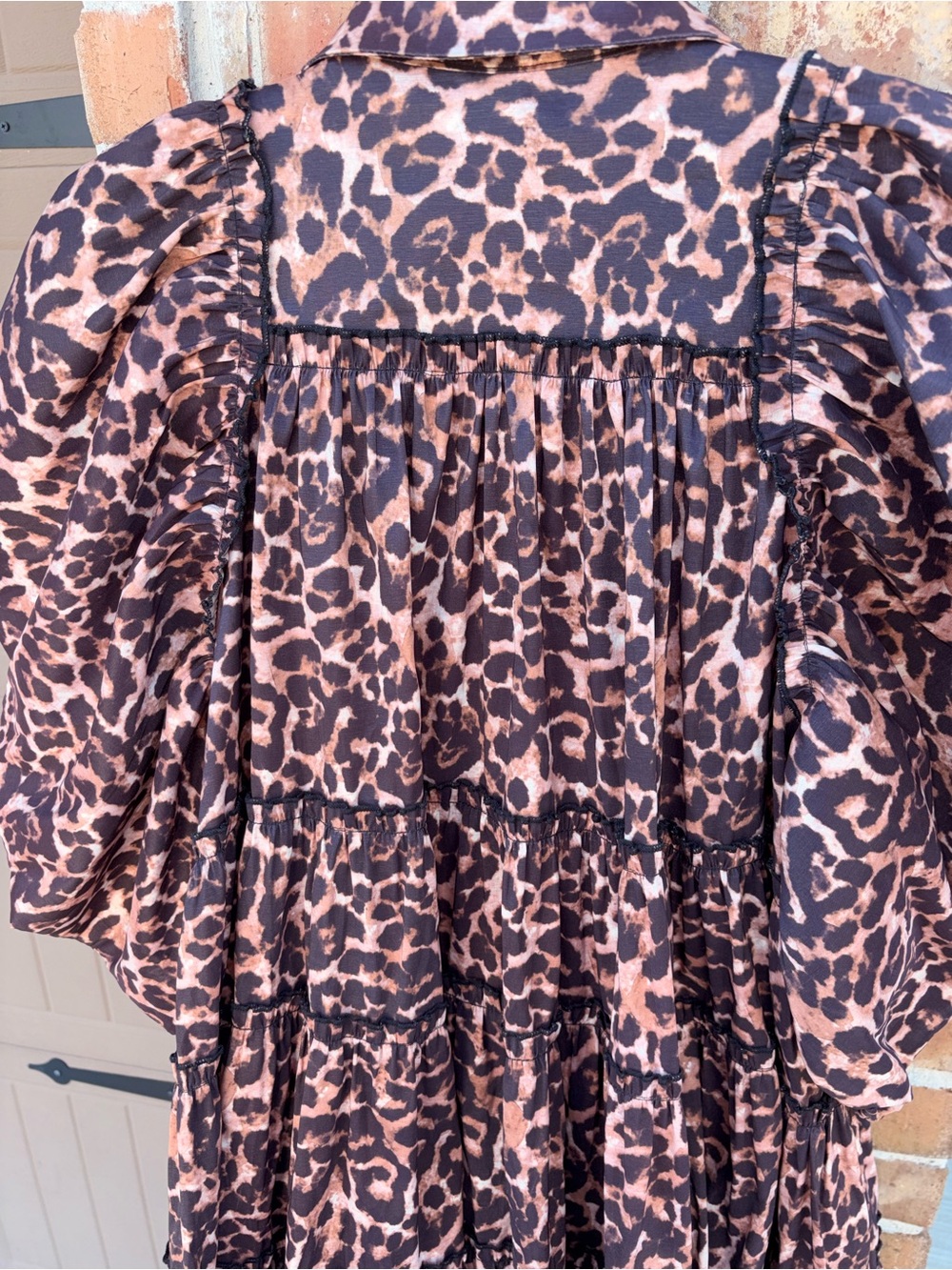 Leopard Print Tiered Mini Dress Puff Sleeve Button Front Babydoll Dress Large - Picture 7 of 8